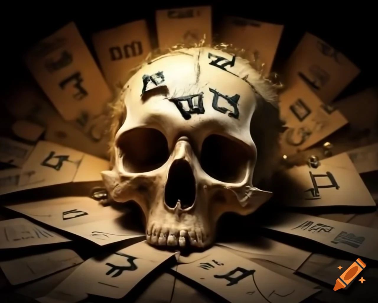 Skull engraved with magical language letters and symbols