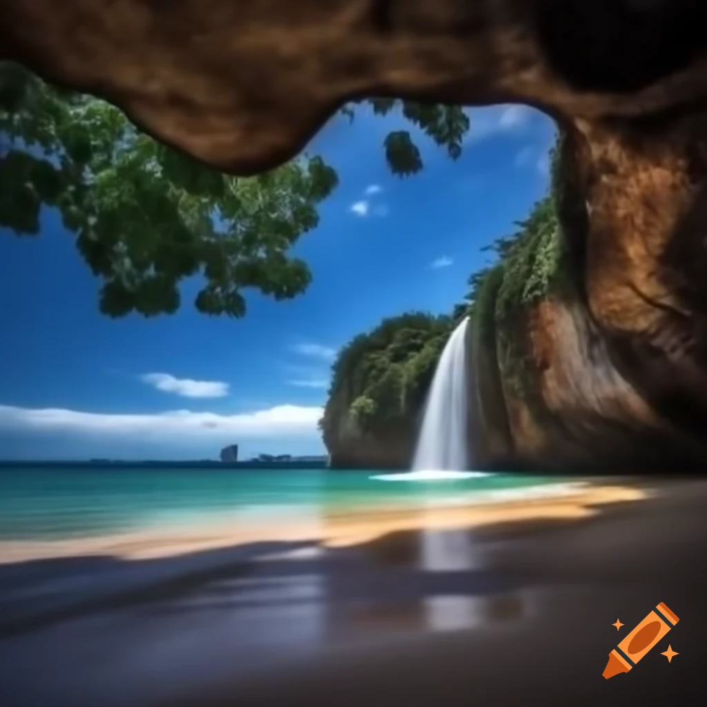 Scenic beach view in Thailand featuring giant waterfall