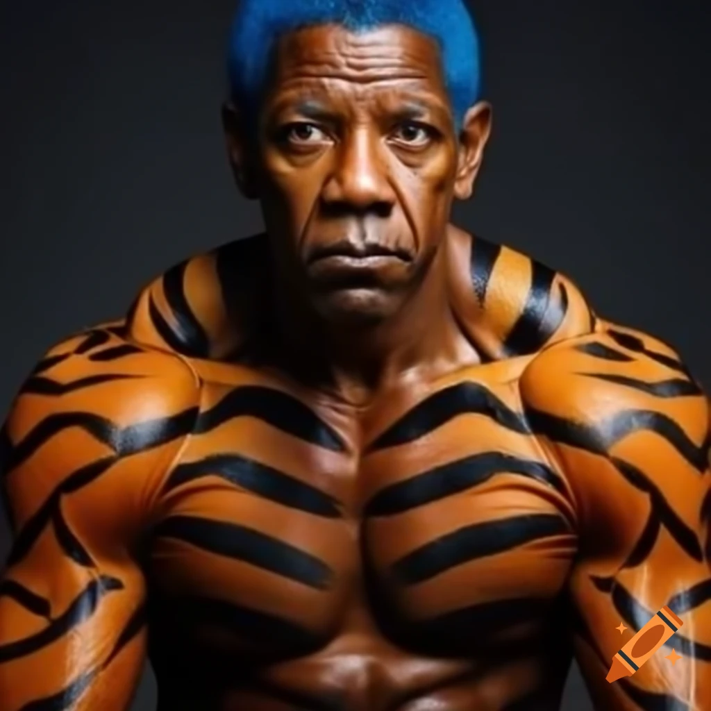 Muscular man with tiger style makeup blue hair and orange skin on craiyon