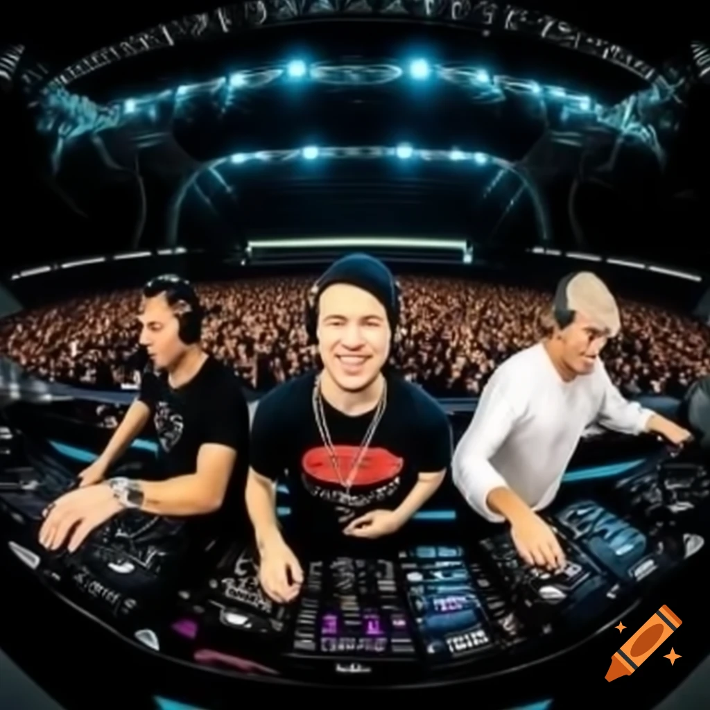 Three male DJs performing EDM at a famous mainstage with a large crowd