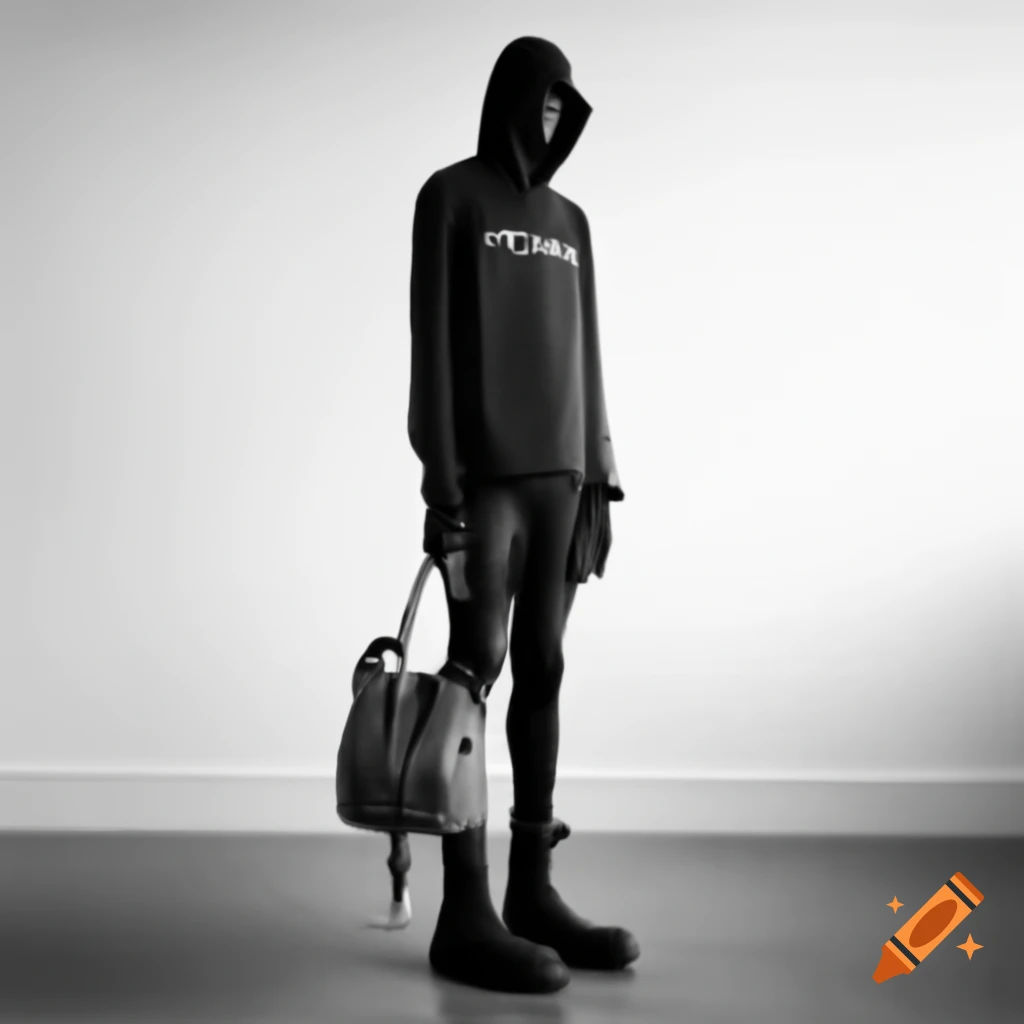 Man in Rick Owens fashion, full Vantablack skin, standing in empty white room