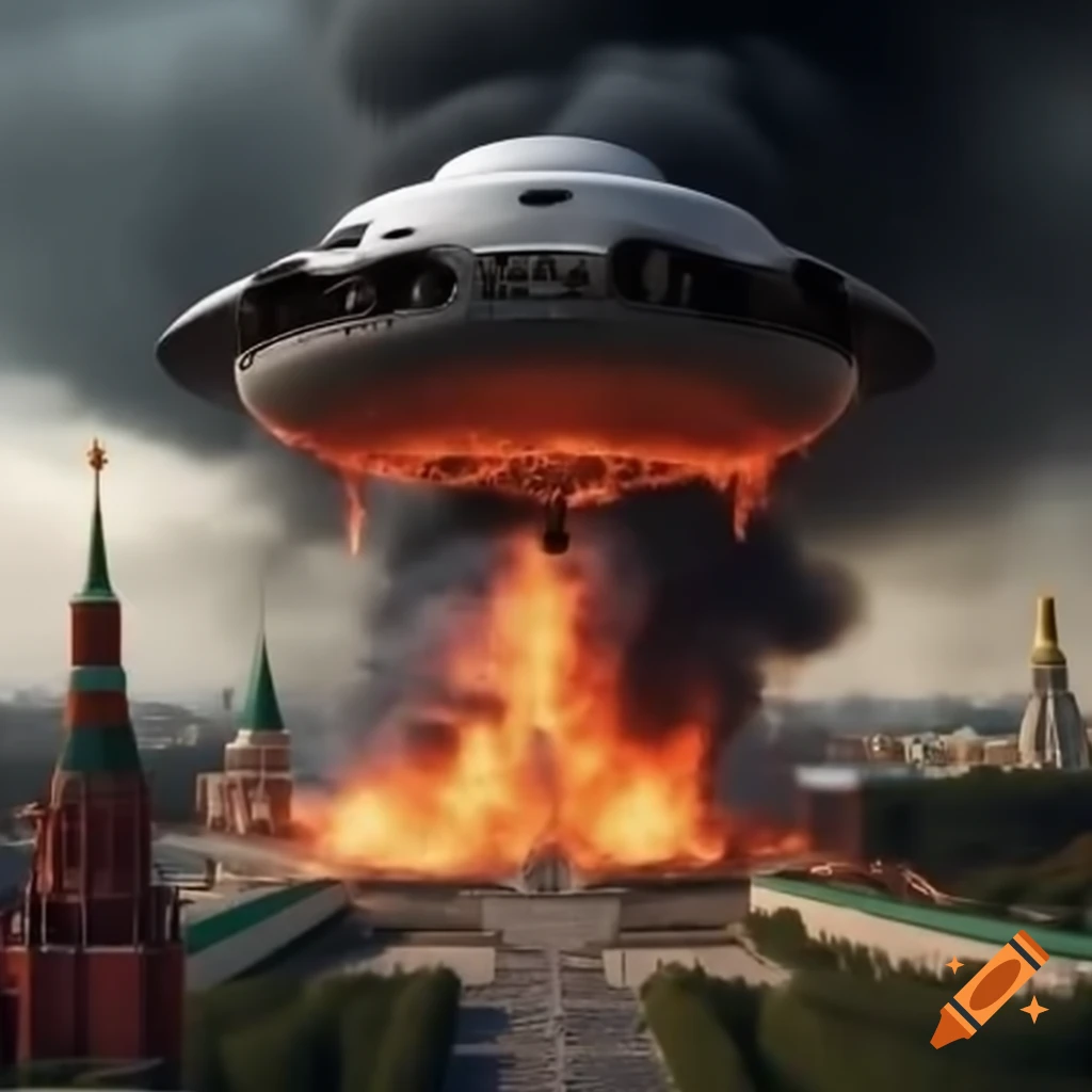 Hyper-realistic photo of flying saucer shooting fire at Moscow Kremlin