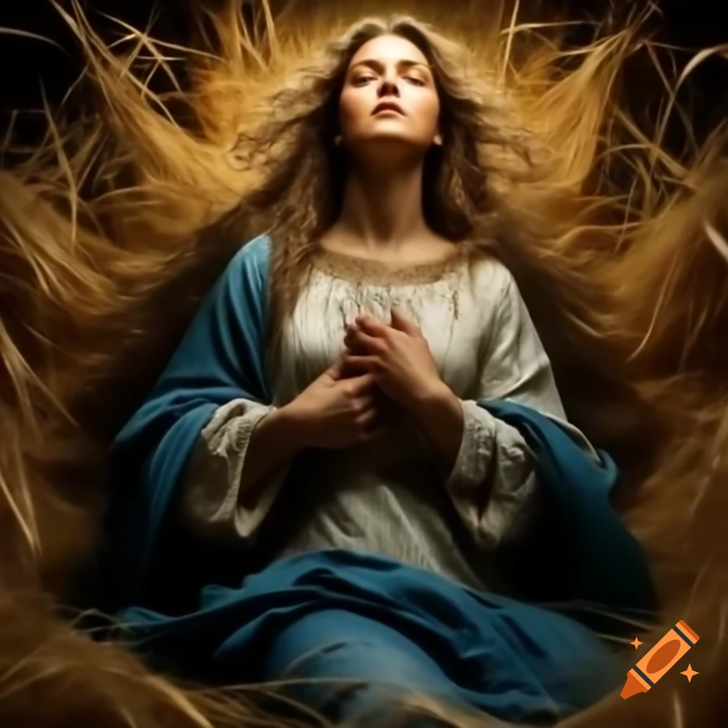 Virgin Mary reclining on straw, with a serene expression and flowing garment