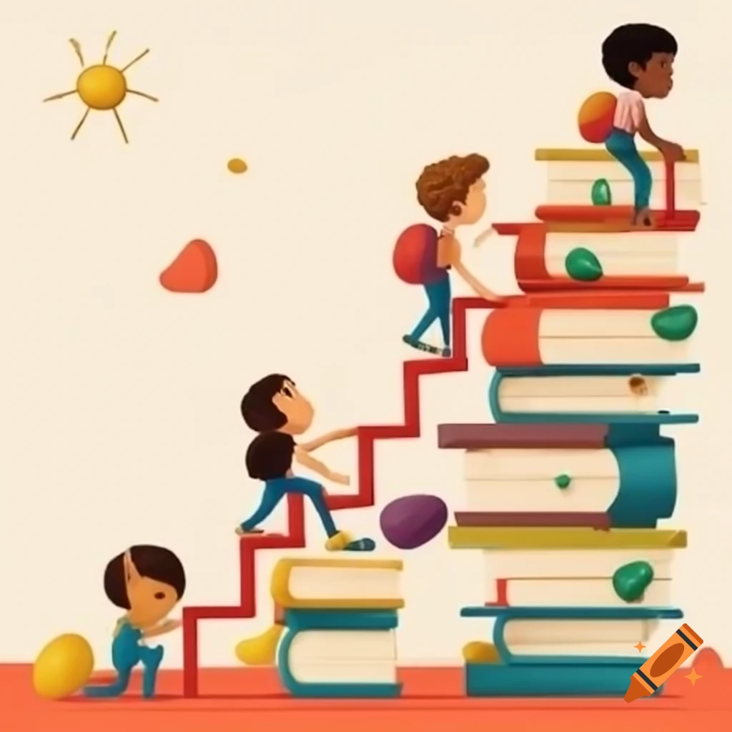 Children climbing books arranged like steps