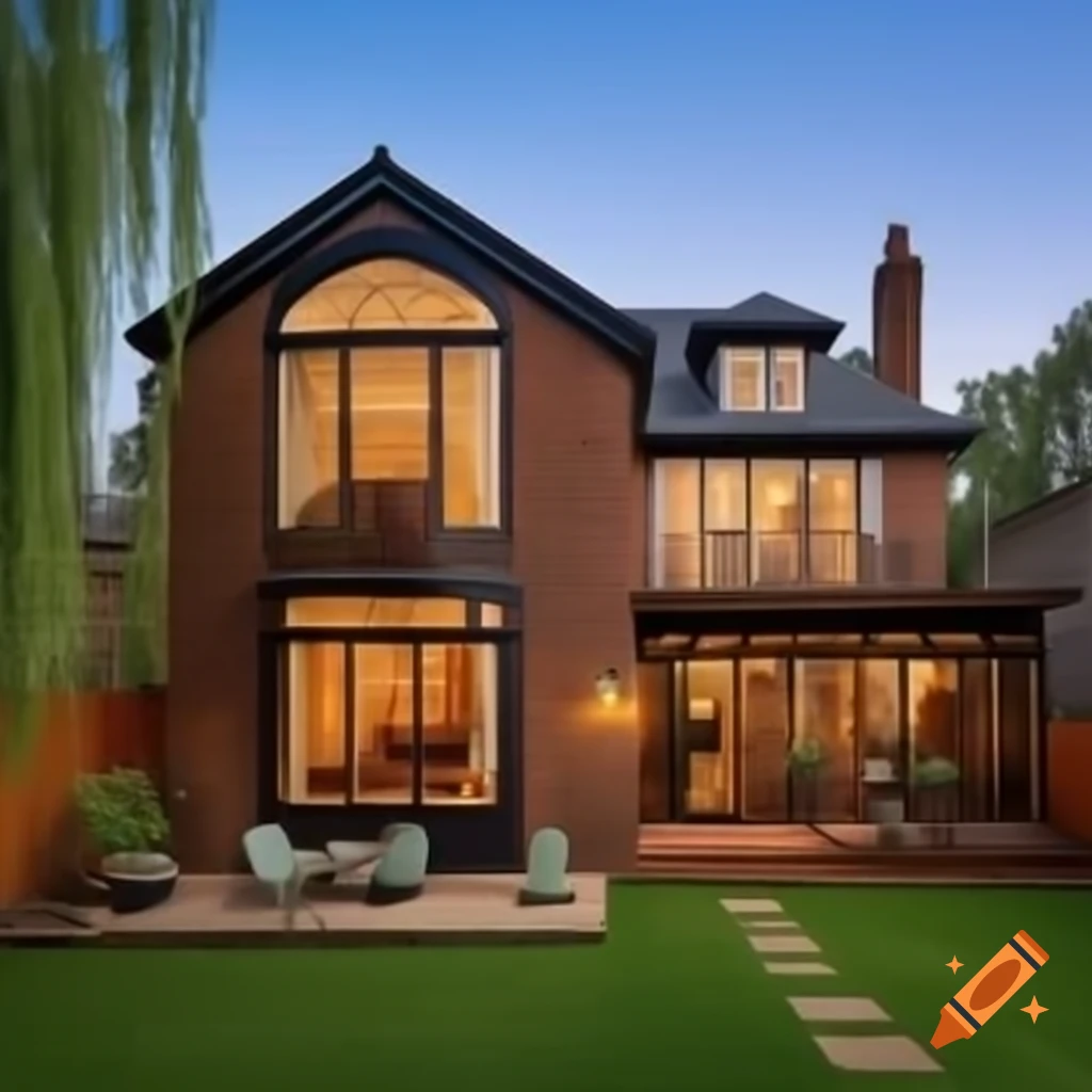 1930s-style brick house with wooden accents and large symmetrical windows