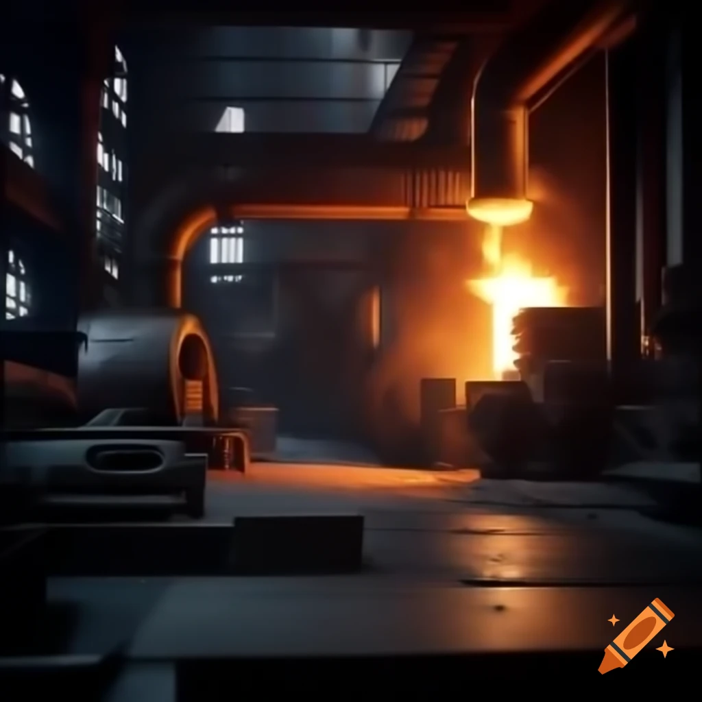 Interior of dark industrial foundry with bright flames