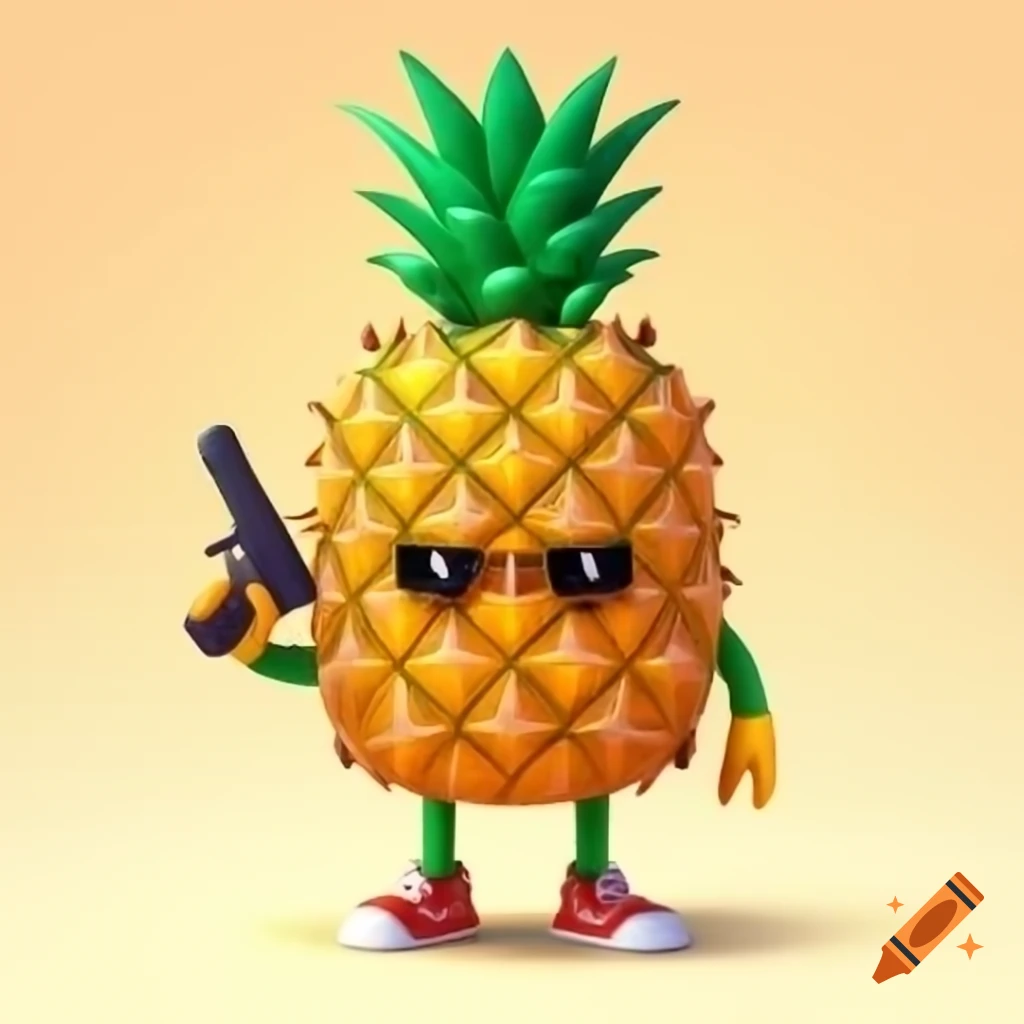 Cartoon pineapple with a gun in comedic scene