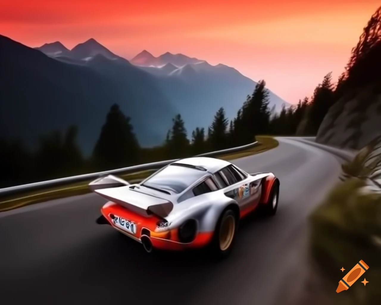 Porsche 917 drifting on winding road during red sundown, detailed painting