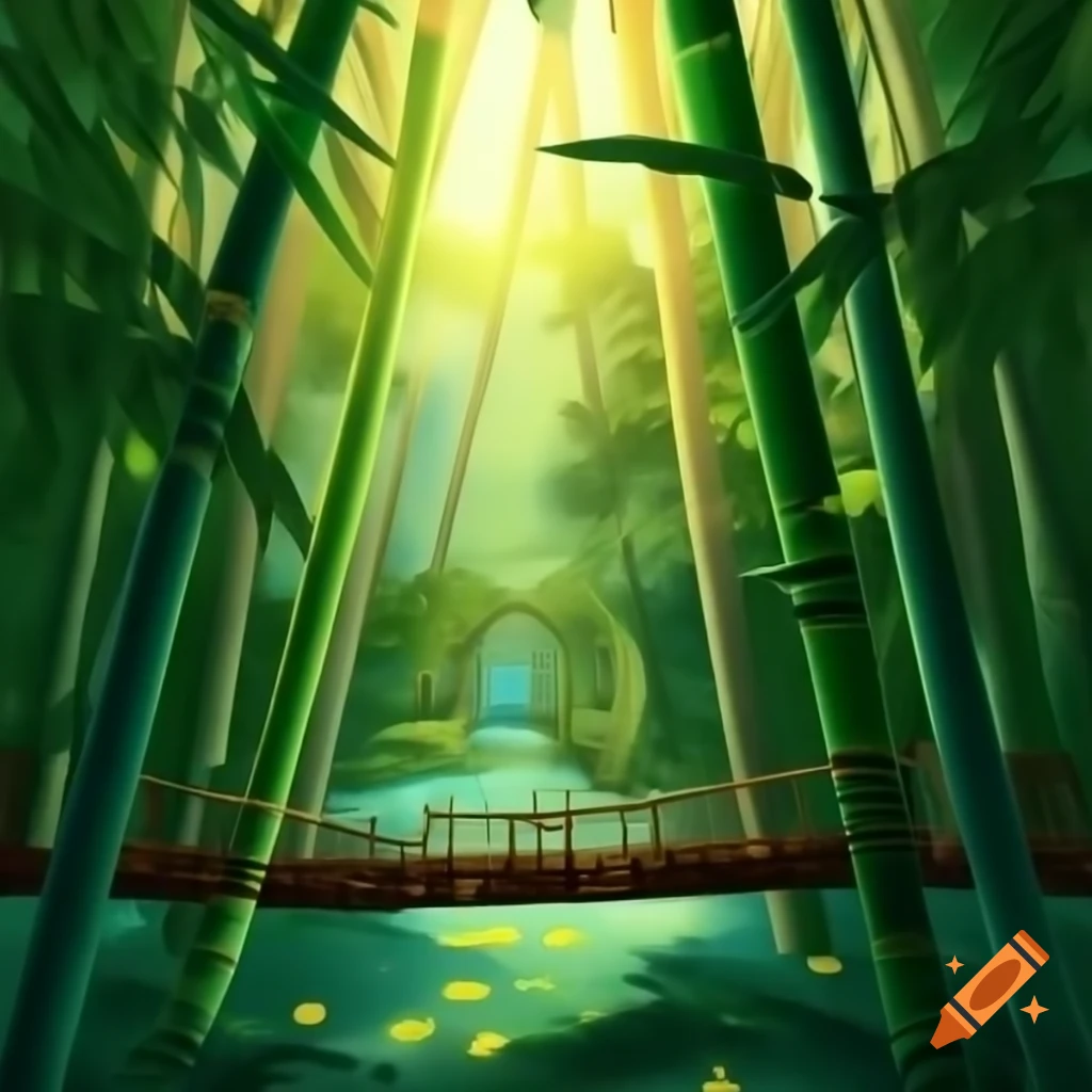 Sustainable bamboo bridge over brook in ancient forest with sunlight filtering
