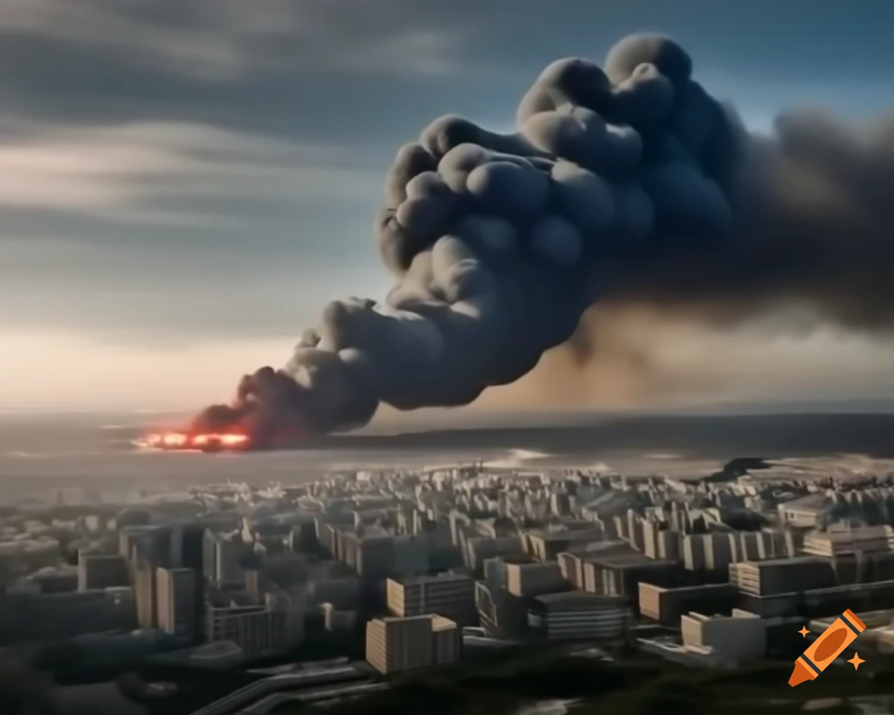 Industrial scene with smoke rising from large structures against cityscape