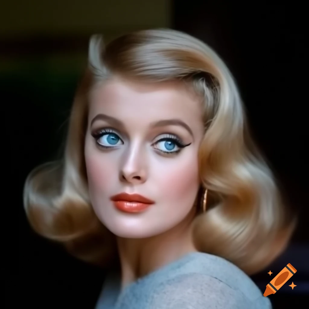 Hyper-realistic color photograph of a charming European actress from 1963 with porcelain skin and blue eyes
