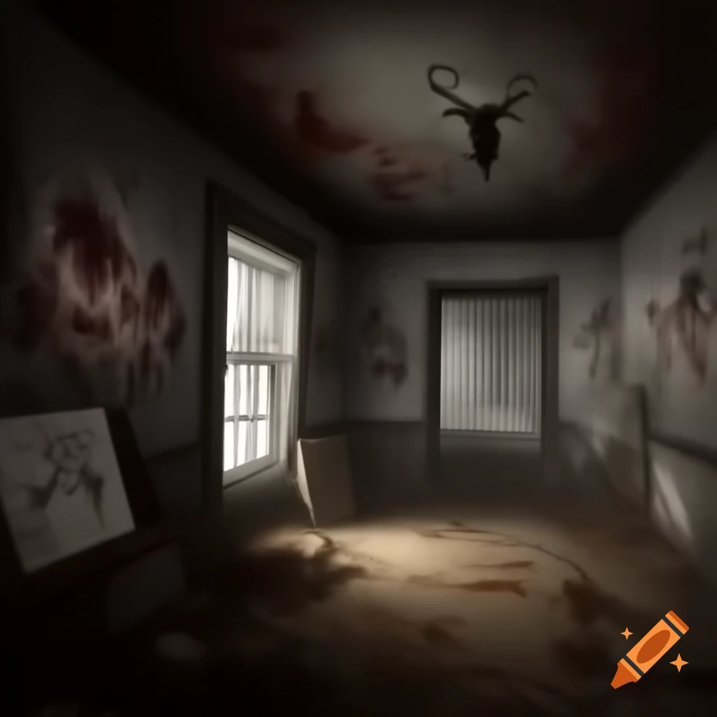 Scary room with demonic drawings and dark atmosphere