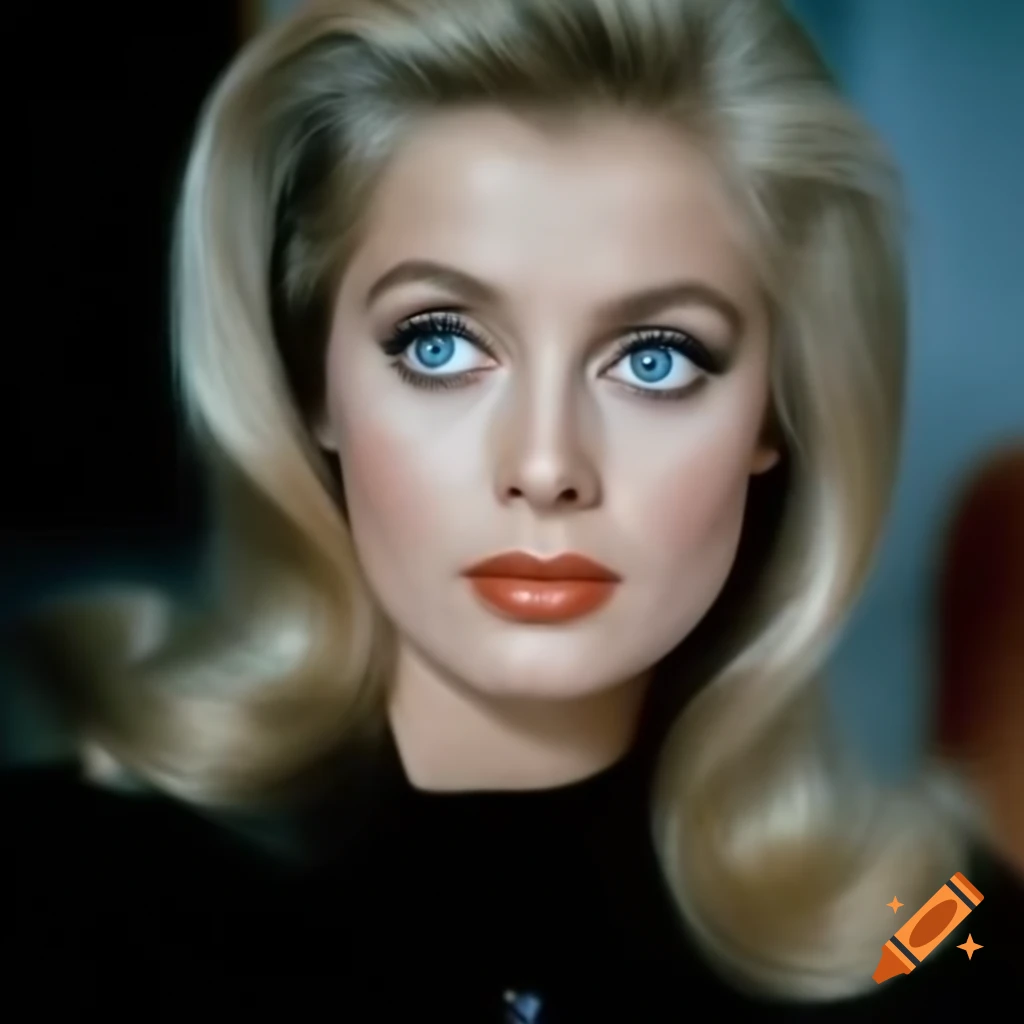 Hyper-realistic photograph of a charming European actress from 1963 with porcelain skin and blue eyes