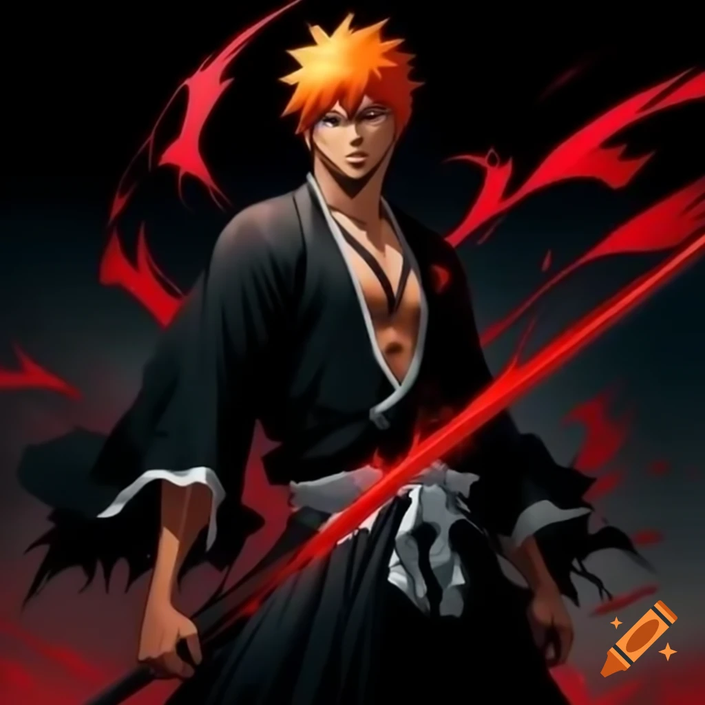 Ichigo Kurosaki in battle stance with red spiky hair and sword