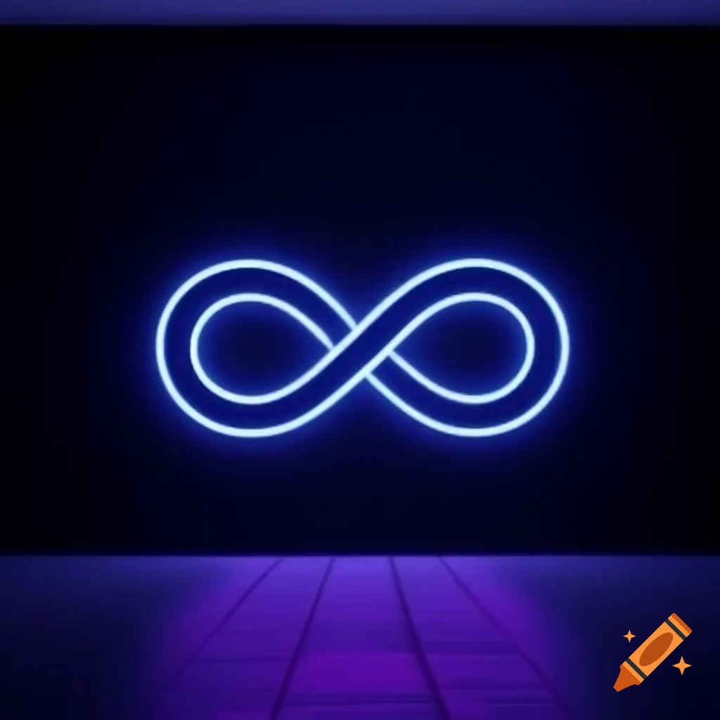 CGI neon infinity sign illuminated in dark room with reflective floor