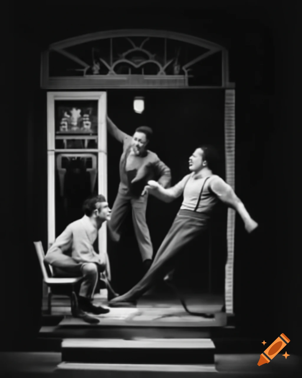 Theatrical poster for 'The Ice Man Cometh' depicting a man jumping from a window and patrons in a saloon