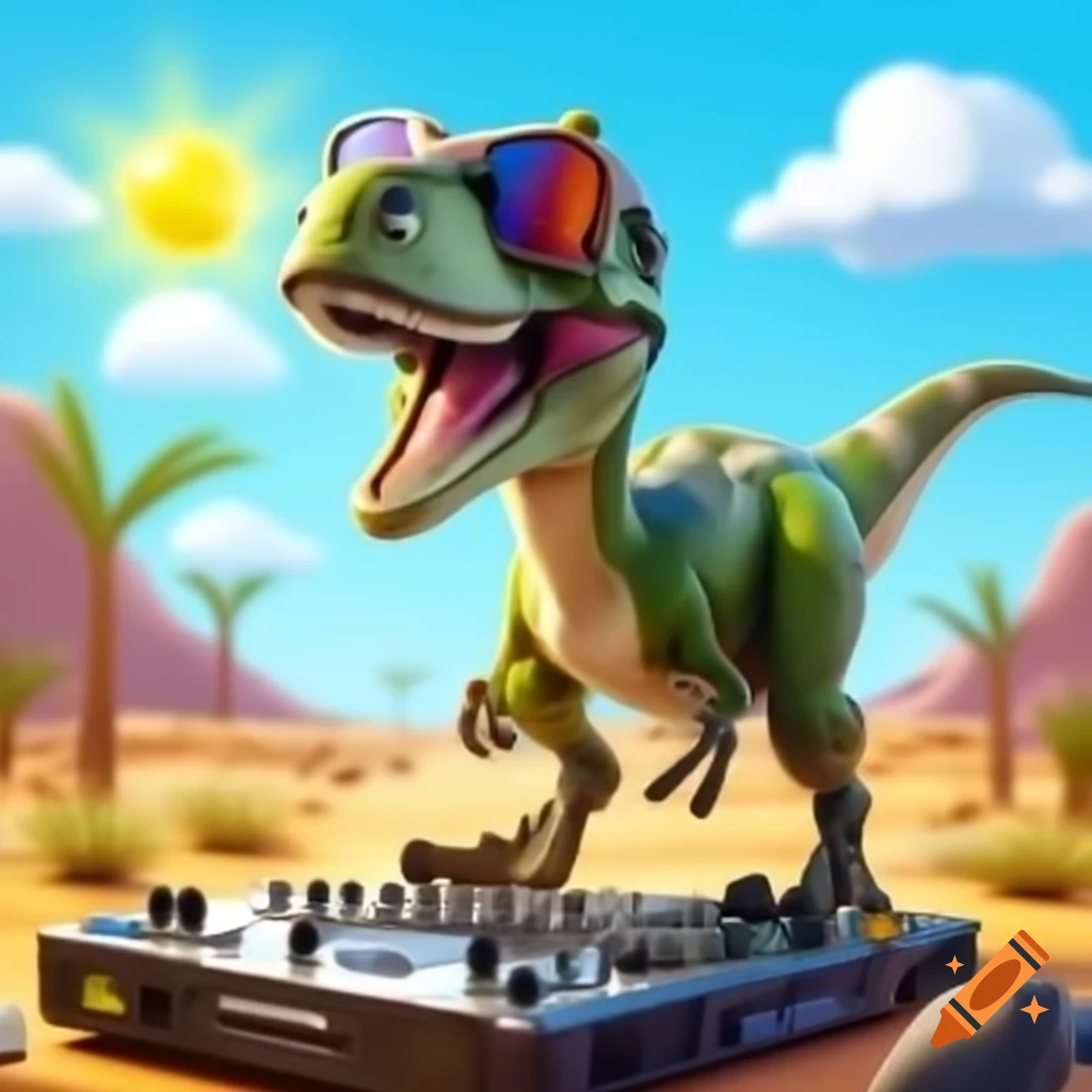 Anthropomorphic lizard dj in oversized hoodie and headphones spinning