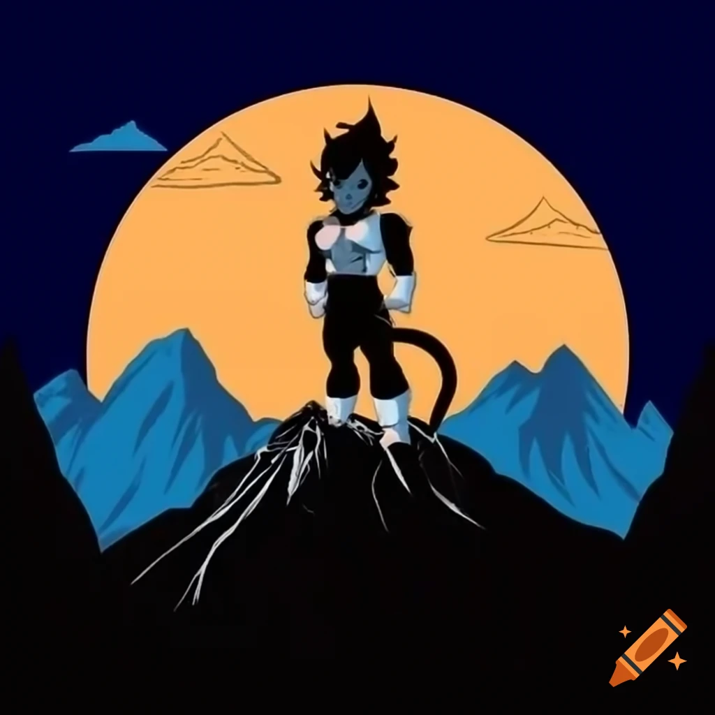 80's style rock album cover featuring Vegeta on mountain at sunset