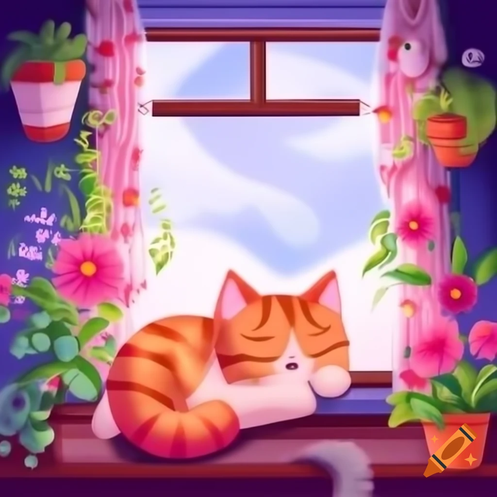 Fluffy cat sleeping on windowsill with blooming plants and lace curtain