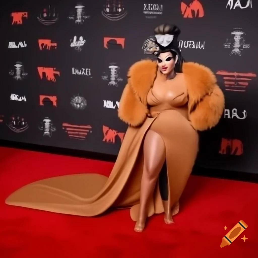 Red carpet promo look for Bambi Banks on RuPaul's Drag Race featuring elegant brown dress with thigh-high slit and fur stole