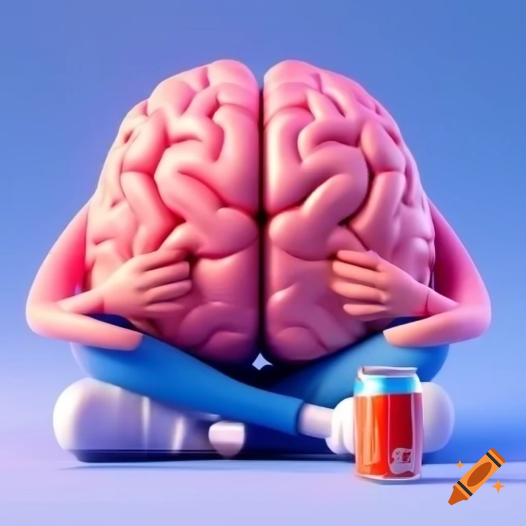 Vibrant cartoon brain character sitting on floor, viewed from behind