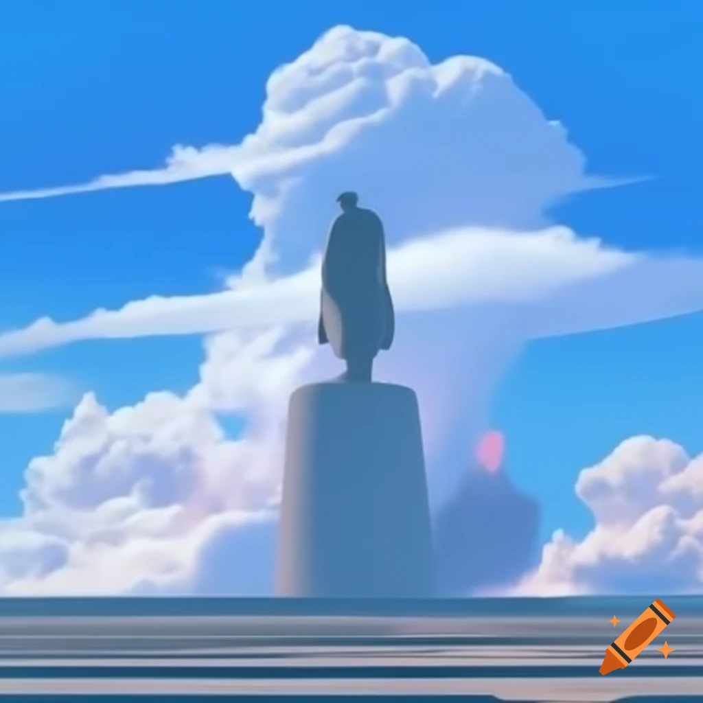 Pop surreal photography featuring anime statue against bright sky