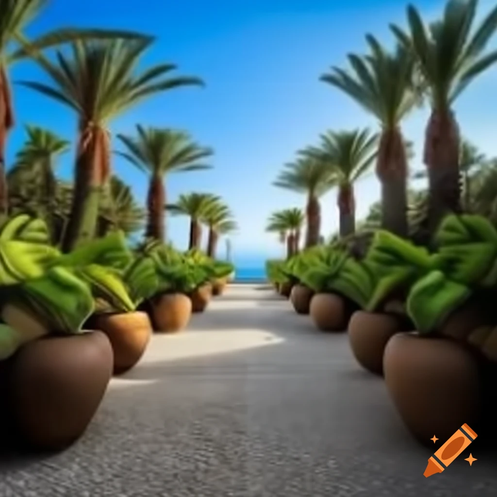 Flagstone path with gravel and giant potted palms and ferns, Mediterranean style