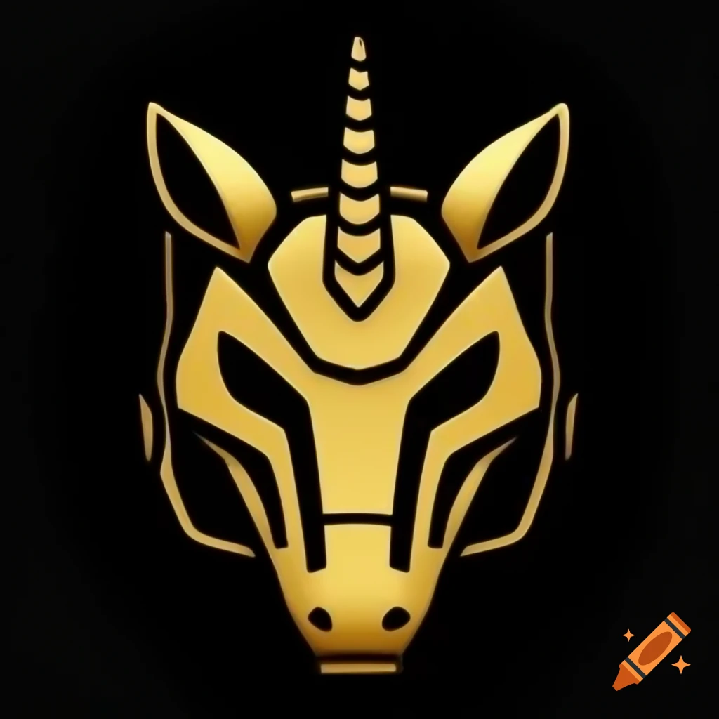 Minimalistic cyber golden unicorn mask logo on black background