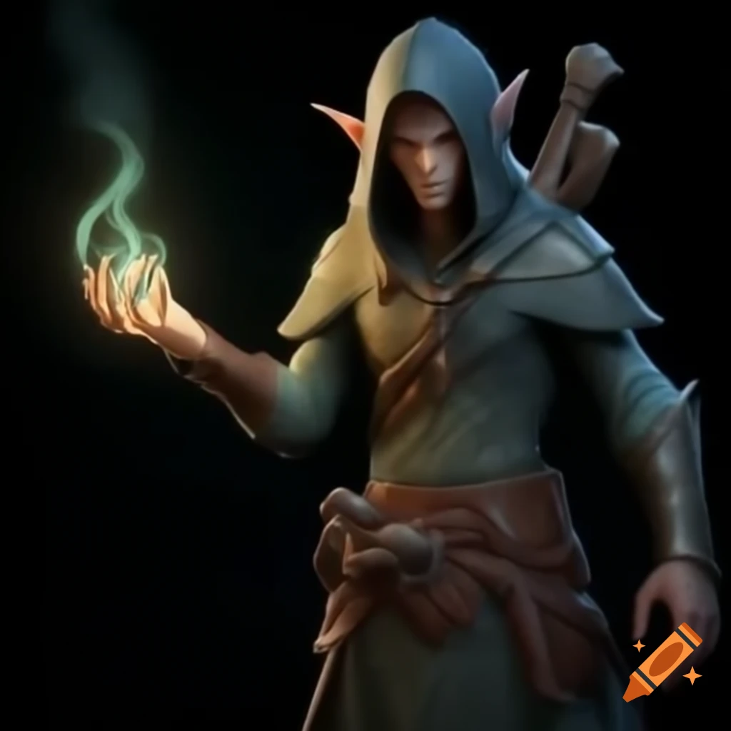 Realistic male elf sorcerer with dark hair in hood wielding magic staff
