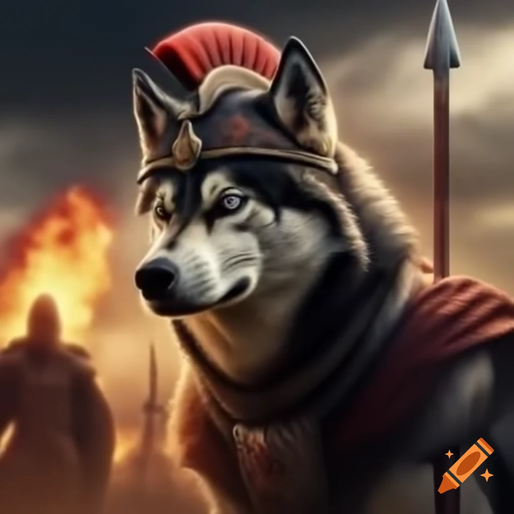 Agouti colored husky with Ares helmet and spear in fiery battle scene