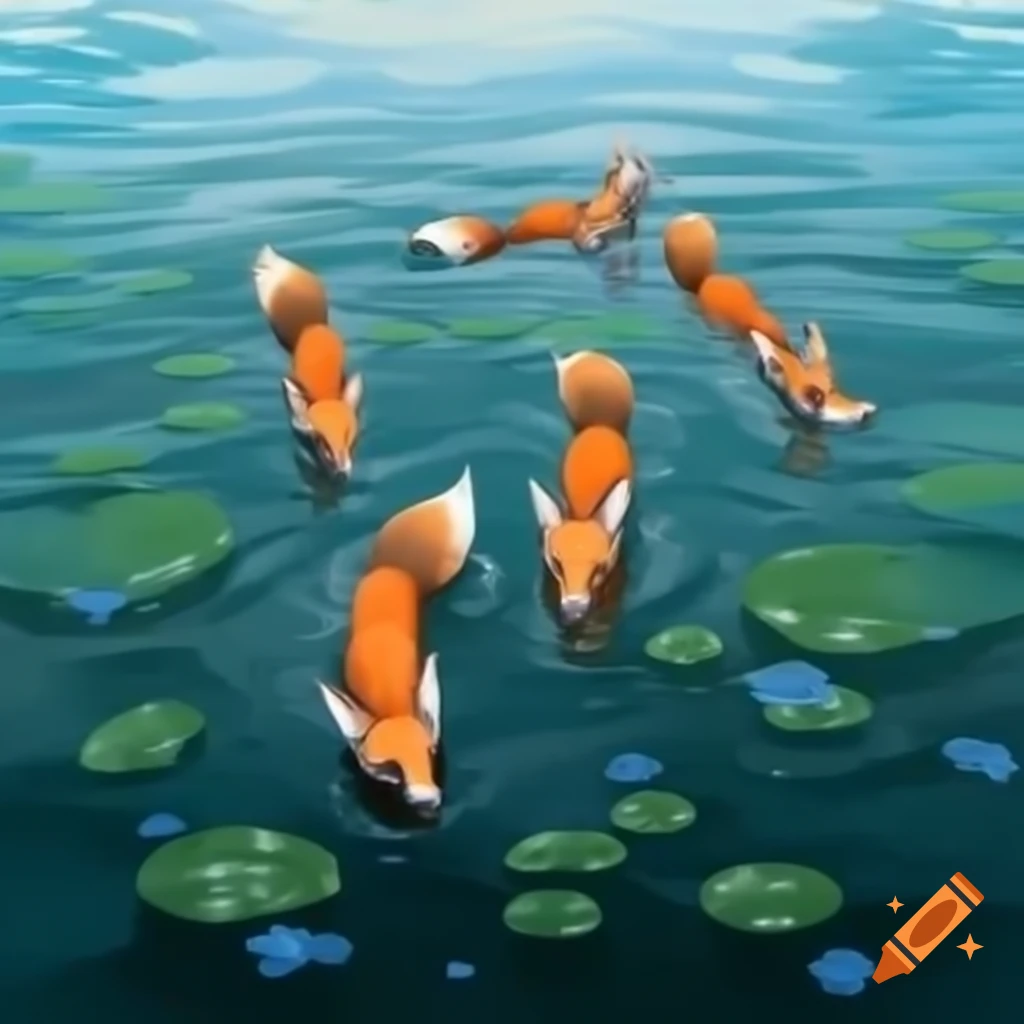 Lakeside scene with multiple foxes swimming in a lake