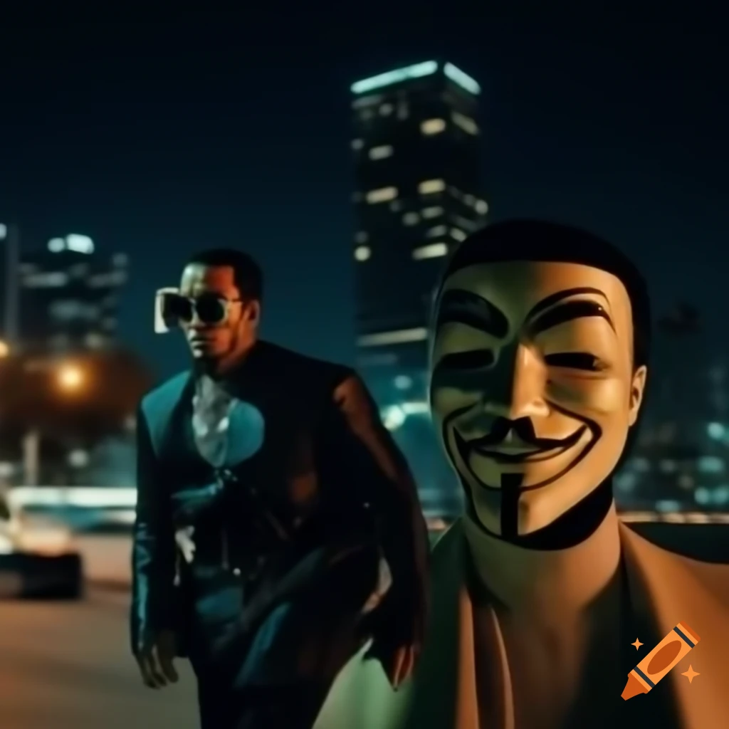 Stylish character in dynamic pose with Anonymous mask nearby, intriguing scene