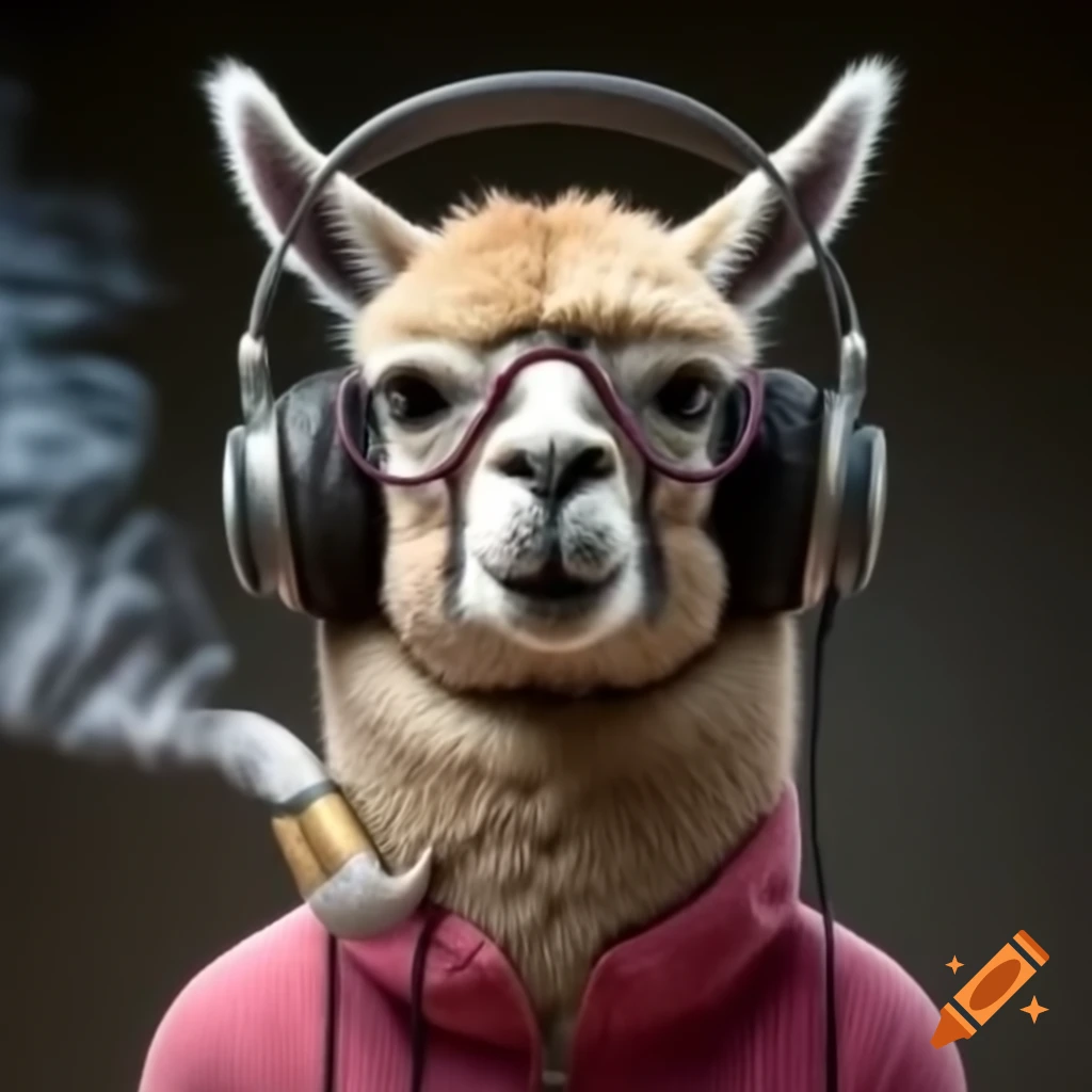 Realistic llama smoking pipe and wearing pink headphones with aggressive expression
