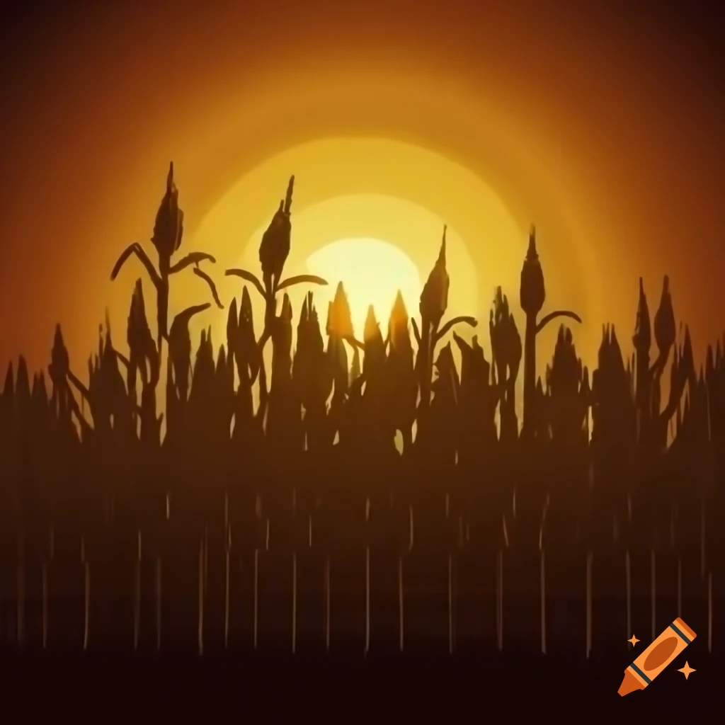 Scarecrow in cornfield at sunset with golden shadows