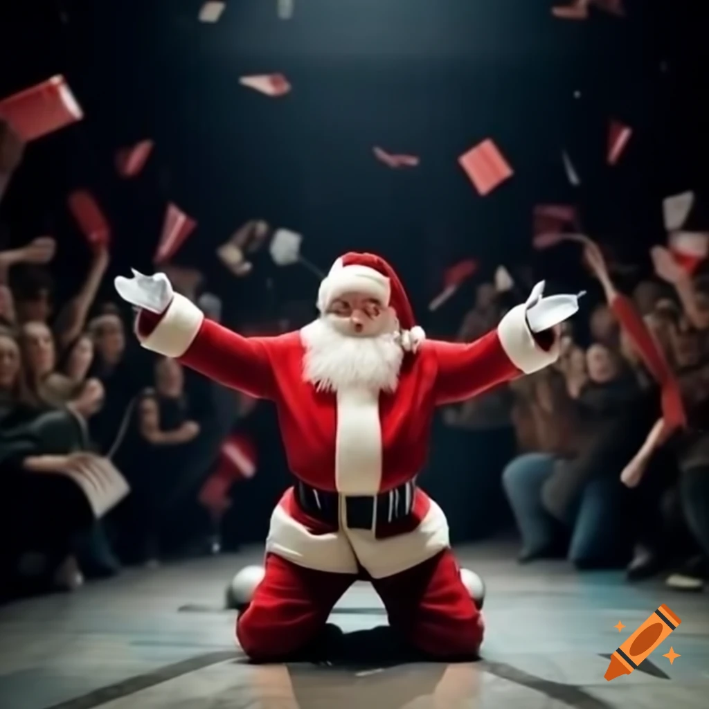 Santa dancing and breakdancing on the dance floor surrounded by cheering crowd