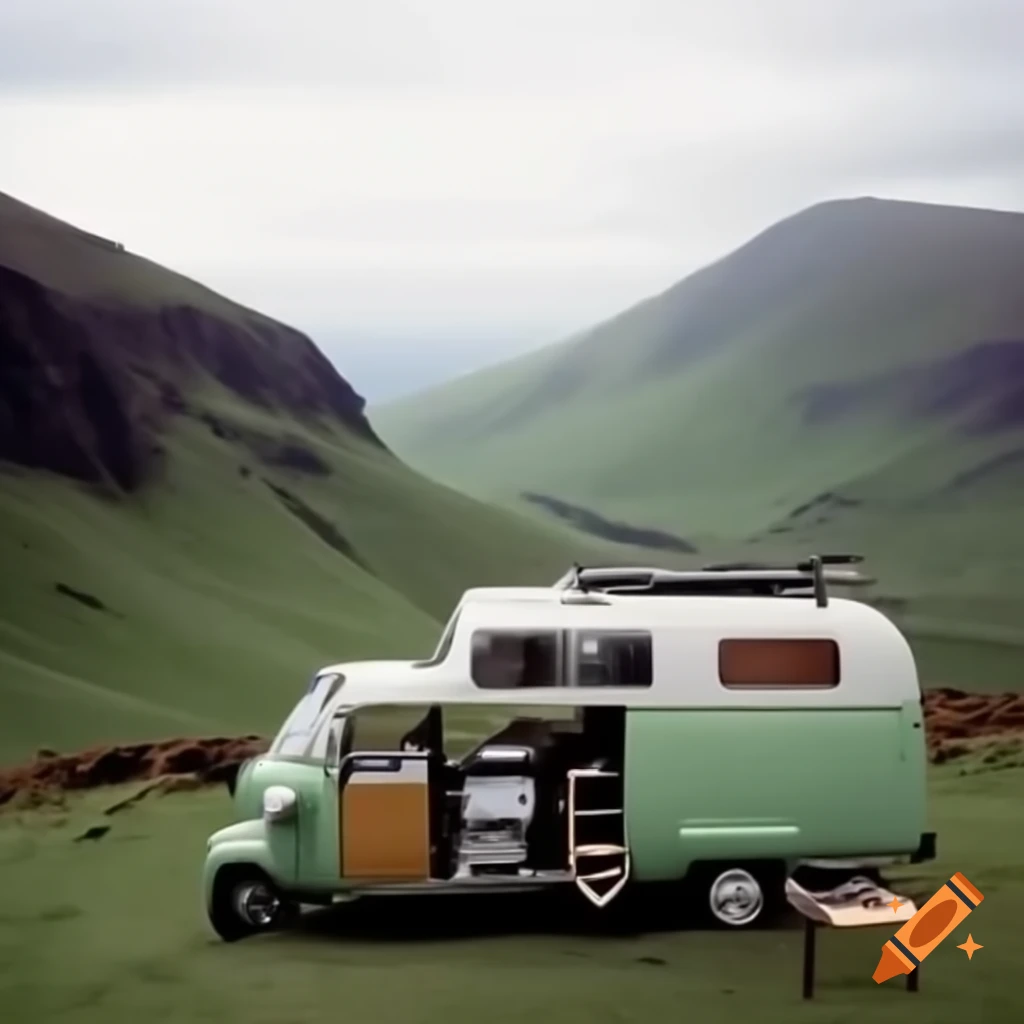 Three-wheeled Vespa Ape Piaggio camper van on Welsh mountainside