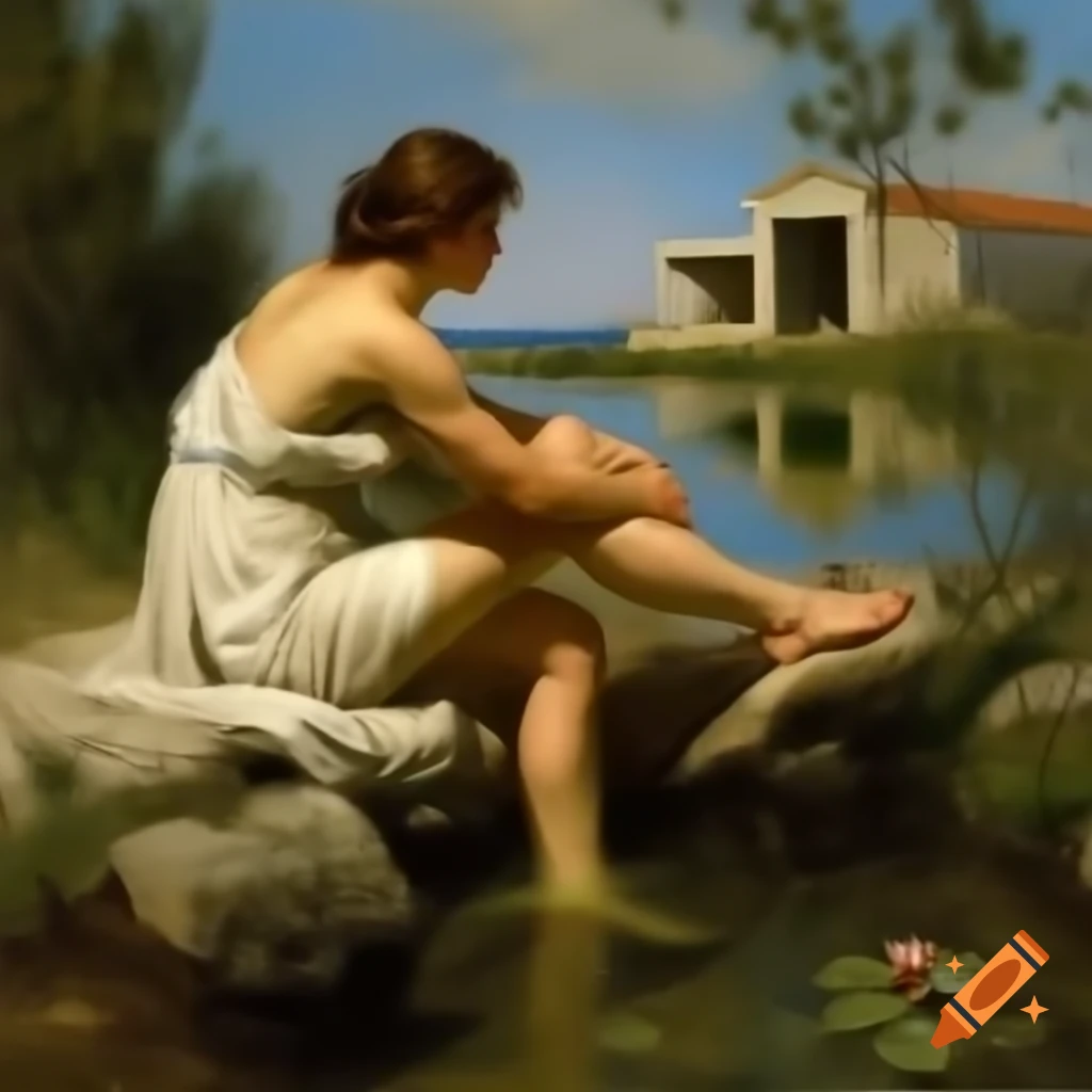 Constance Wu relaxing by a vegetated pond near a Greek chalet, illustrated scene