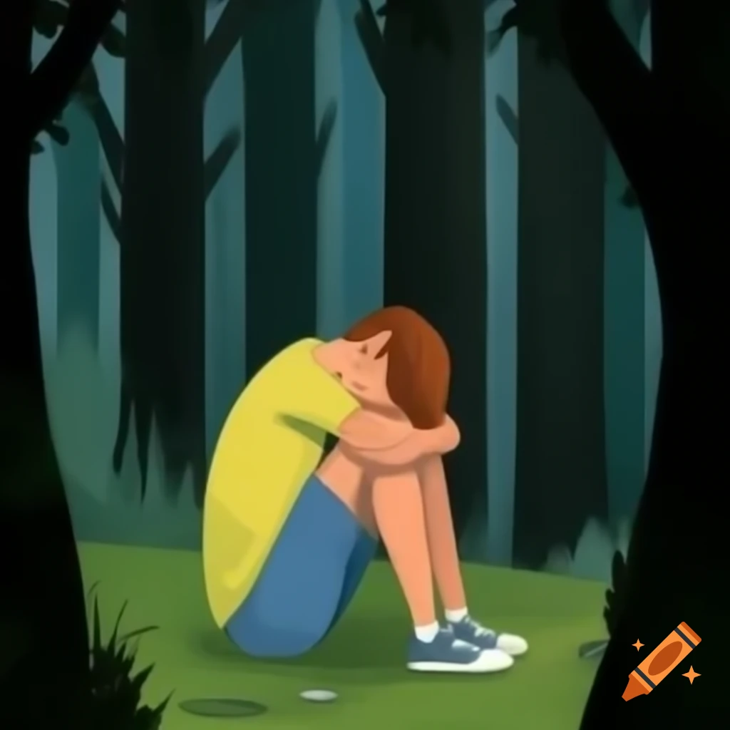 Sad young man sitting in the woods
