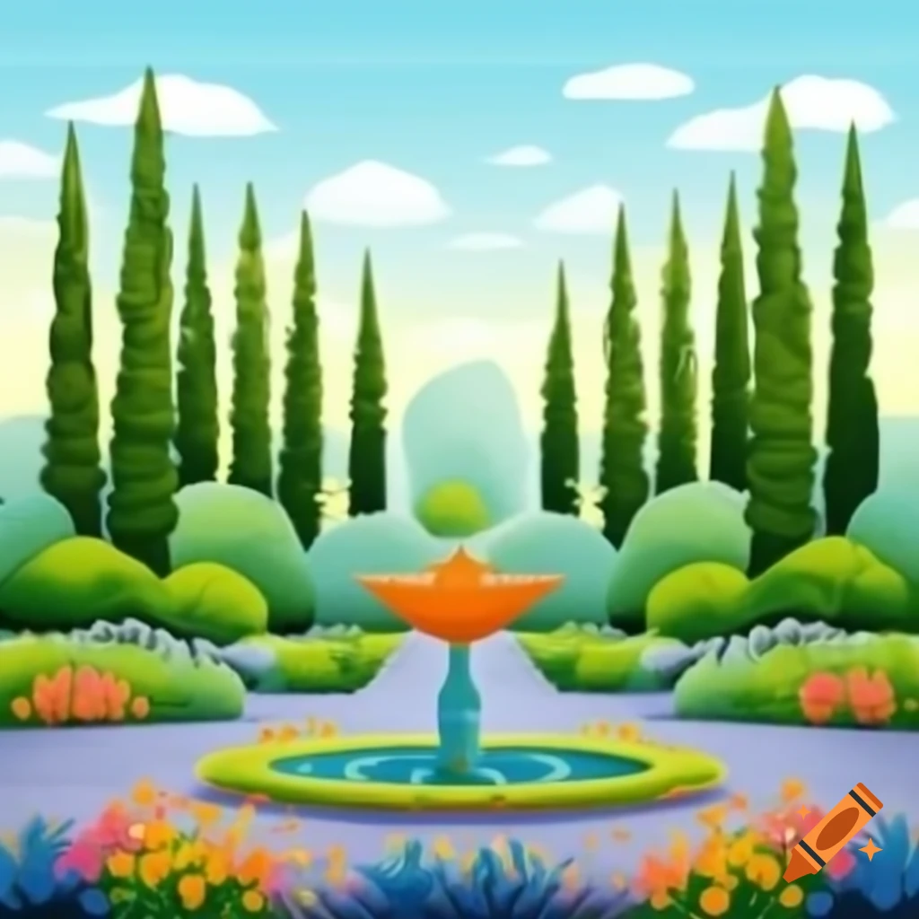 Persian garden with cypress trees and colorful flowers in an oil painting style