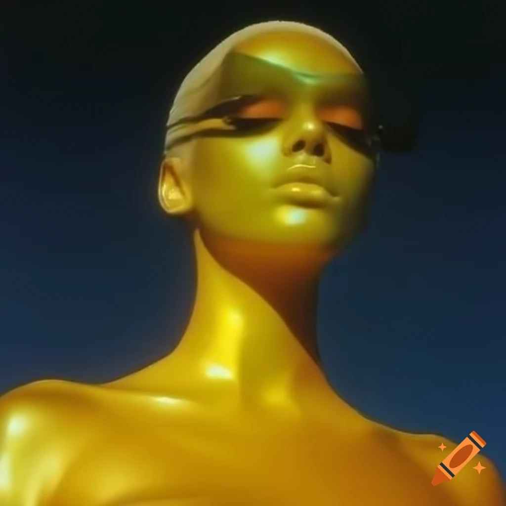 Pop surreal photography featuring iridescent yellow glass statue