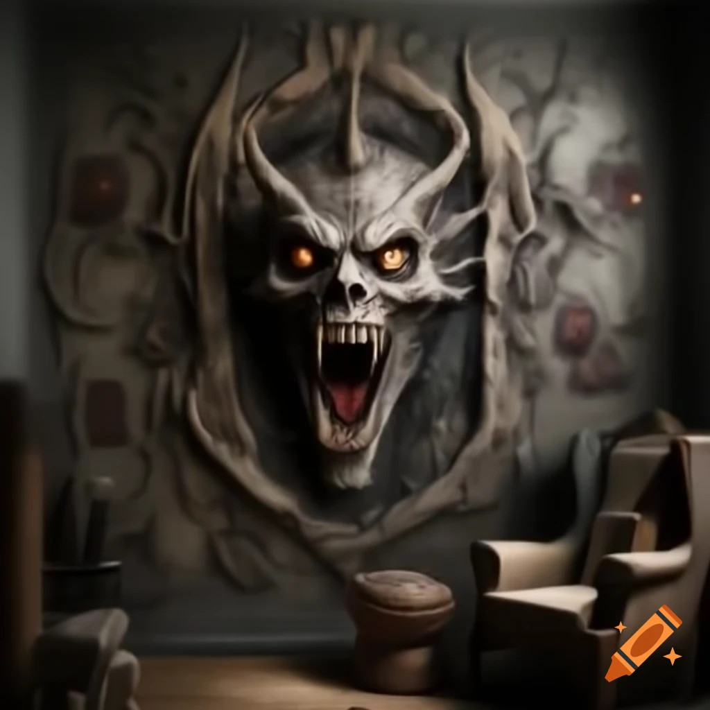 Scary house room with demonic drawings on the walls