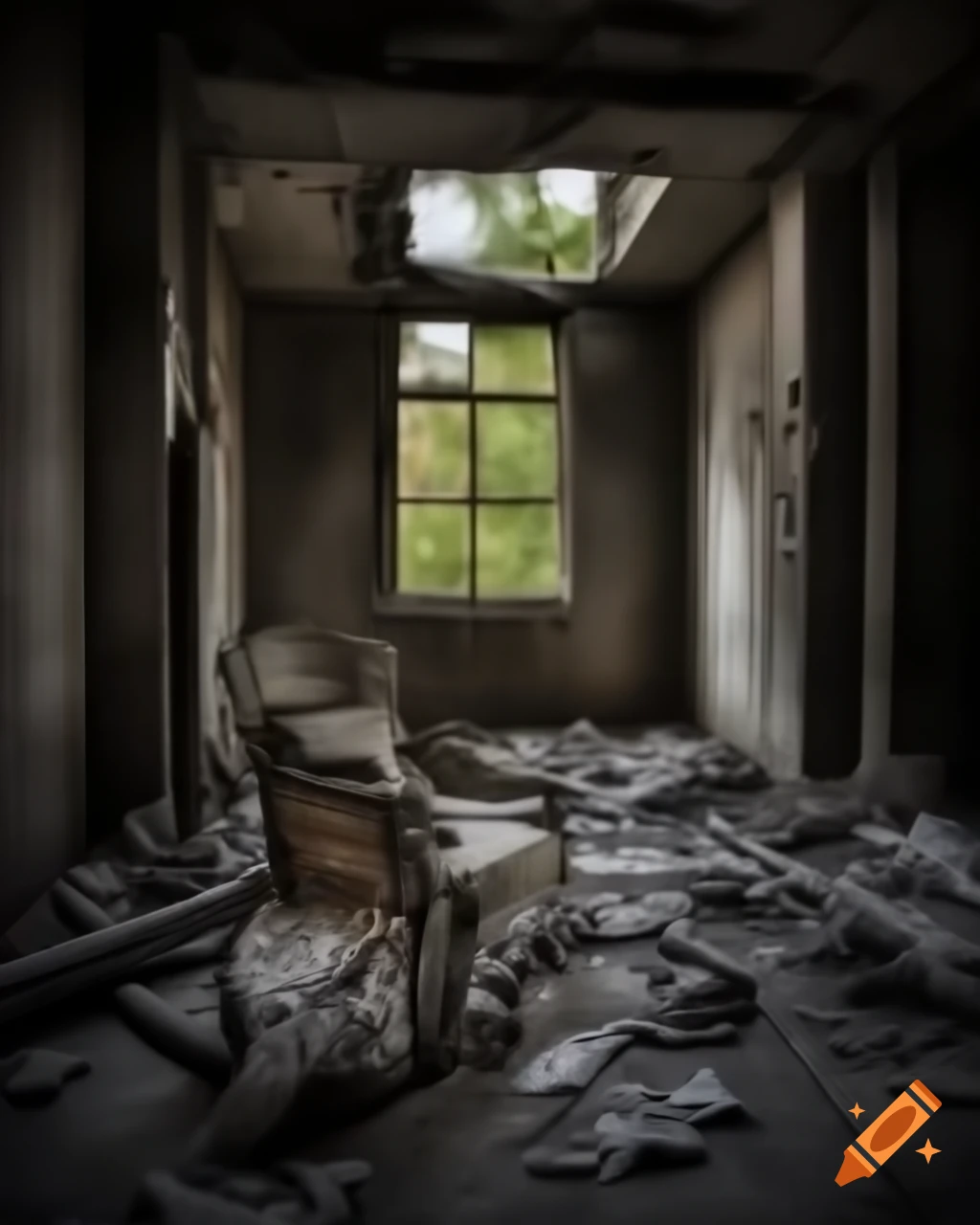 Decayed armchair in ancient city ruins surrounded by overgrown vegetation