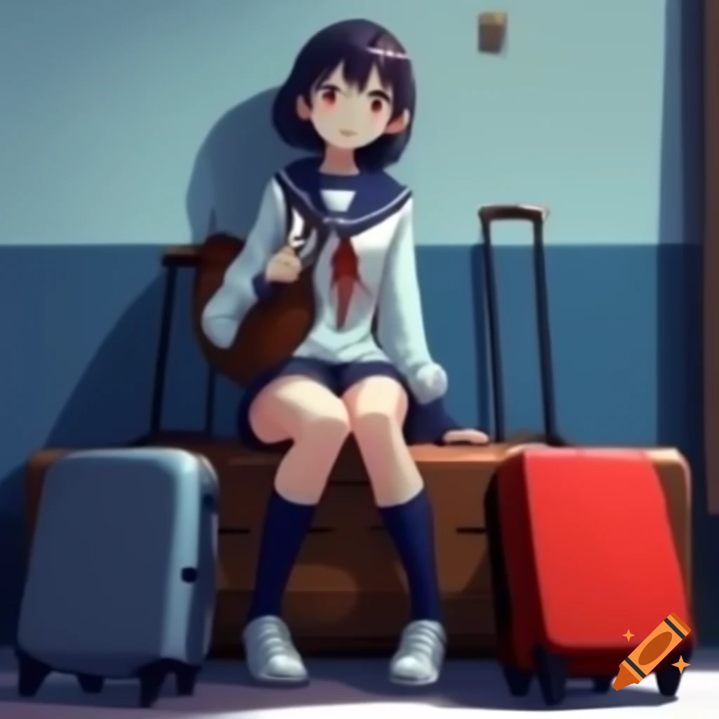 Anime girl sitting on suitcases