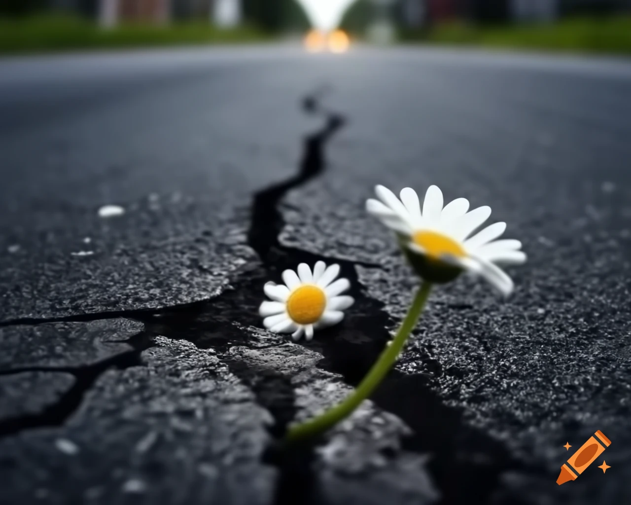 Daisies growing from cracked asphalt in abandoned city street, ground level close-up