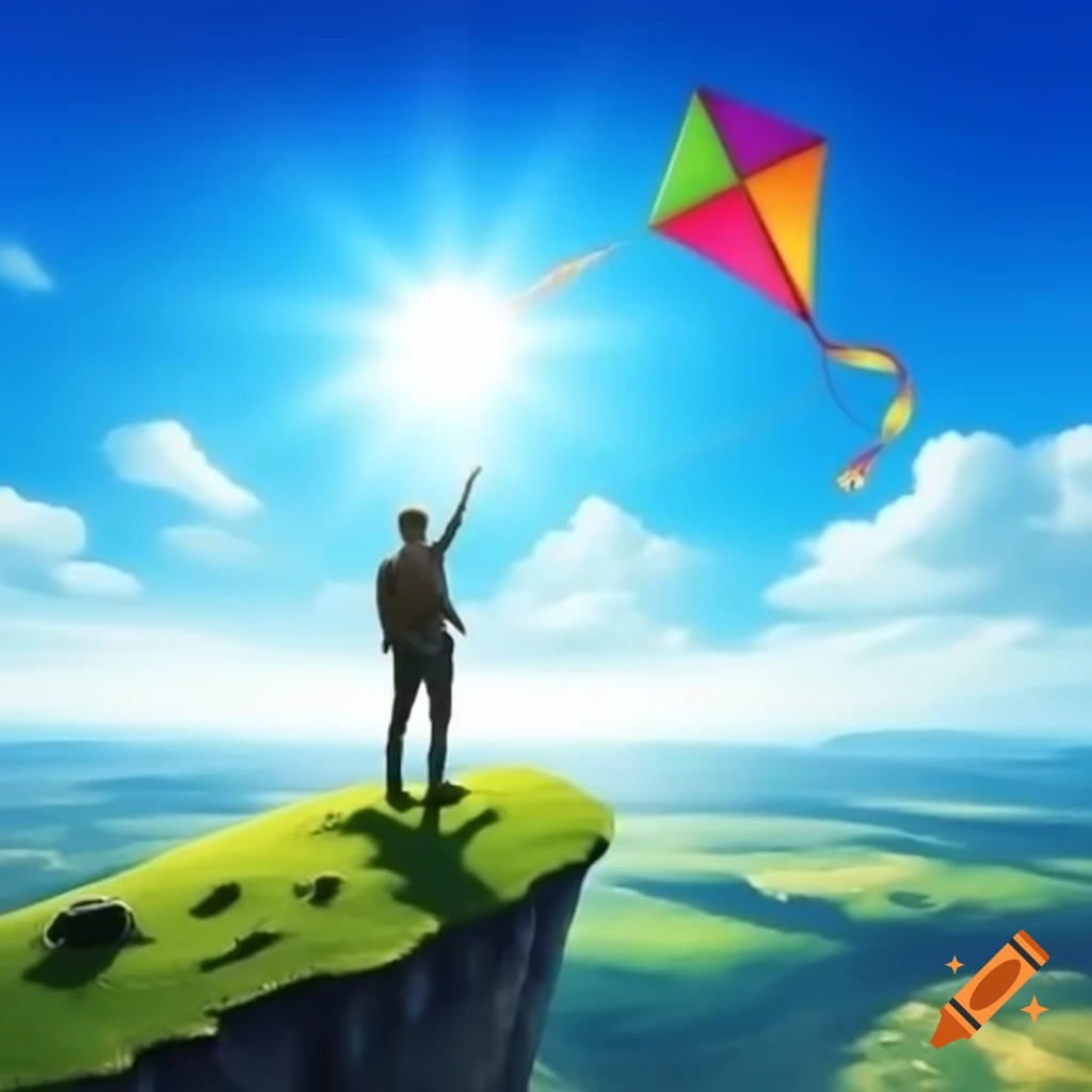 Person on cliff holding colorful kite soaring in clear blue sky