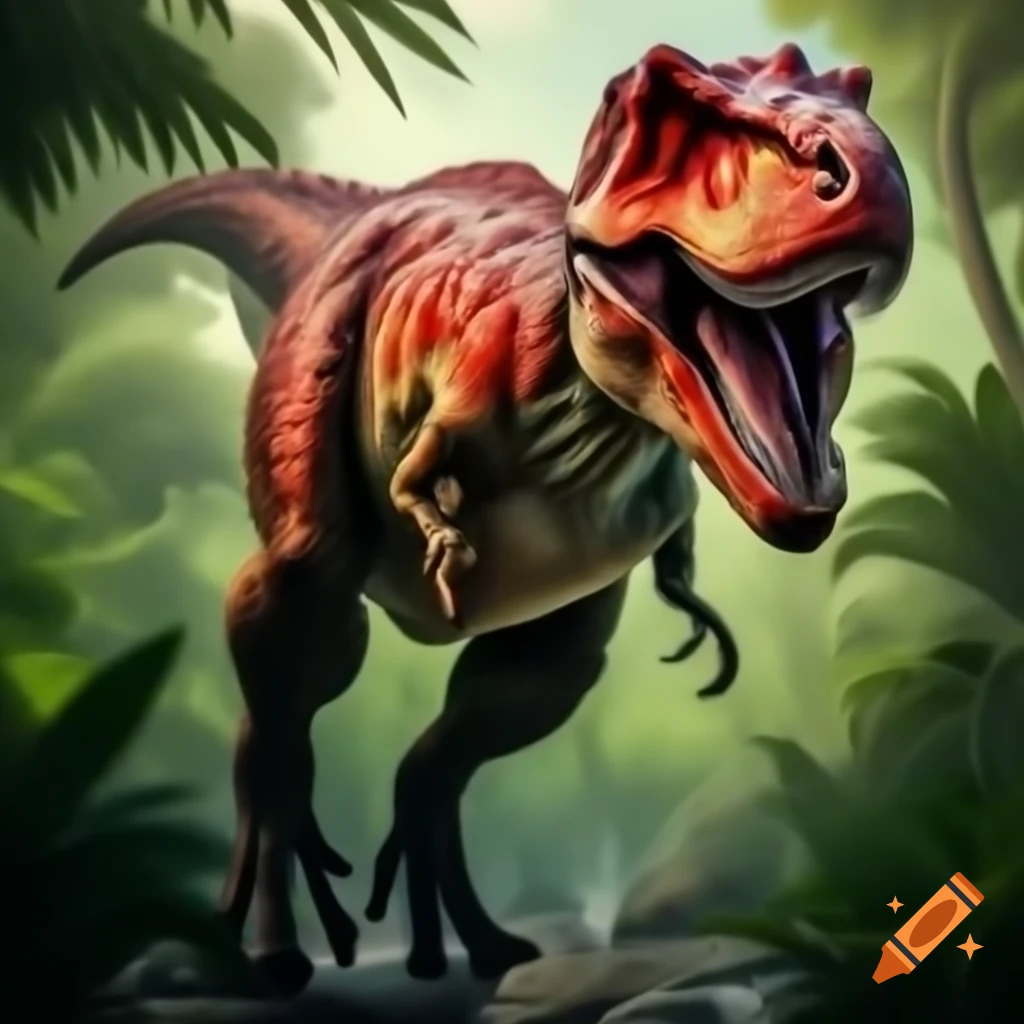 Comic style red T-Rex with black mohawk running through jungle