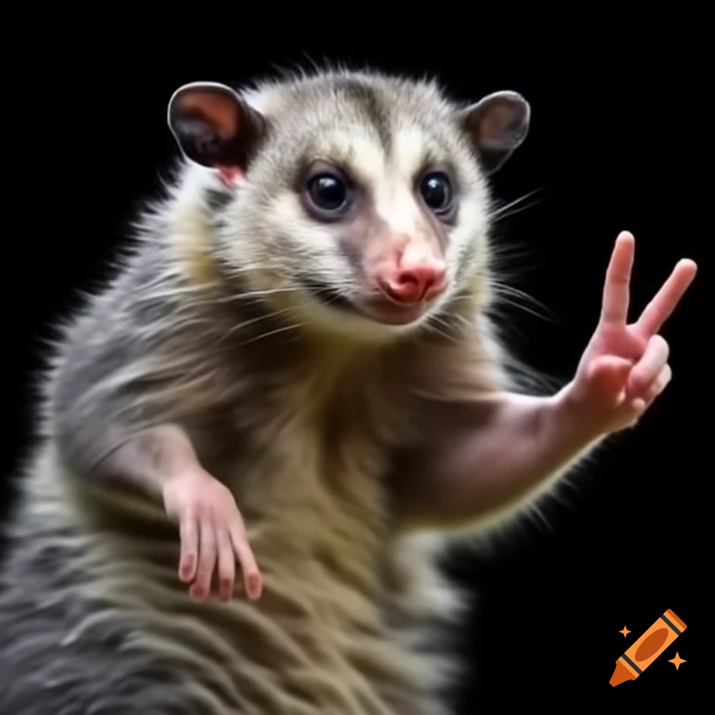 Possum with Edgar haircut making peace sign