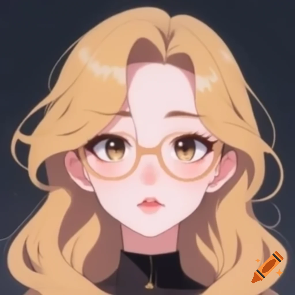 Anime headshot of a 34-year-old woman with blonde and black wavy hair and glasses