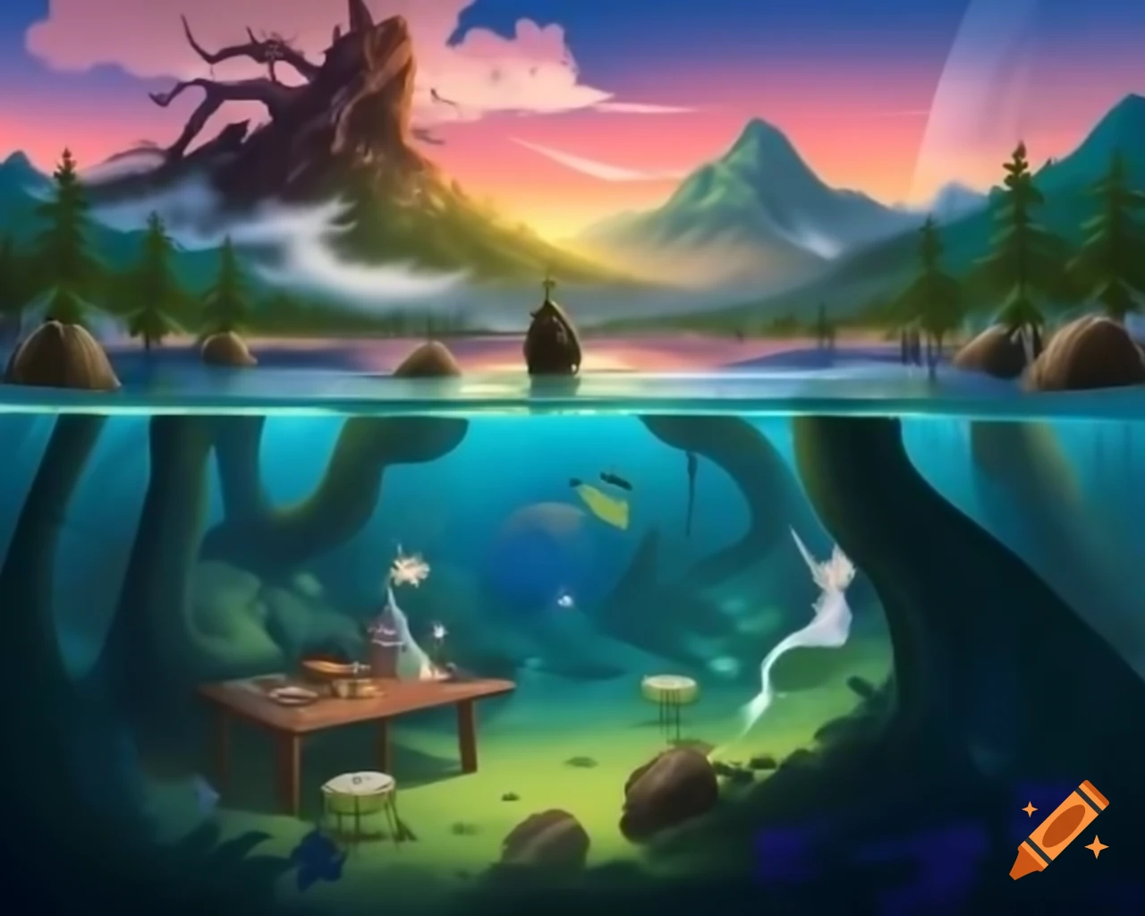 Surreal realm with fairy goddess on wooden table in enchanted forest