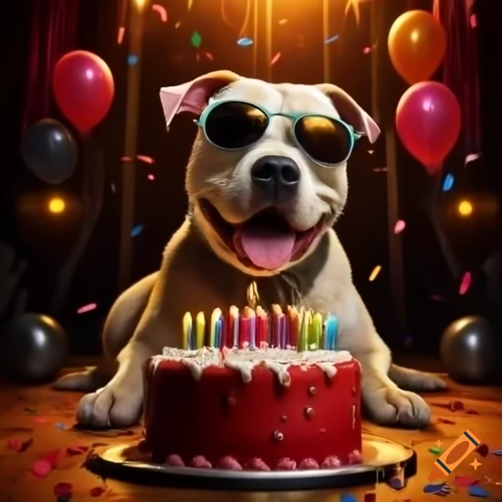 Smiling Pit Bull dog on a music tour stage with party hat and sunglasses